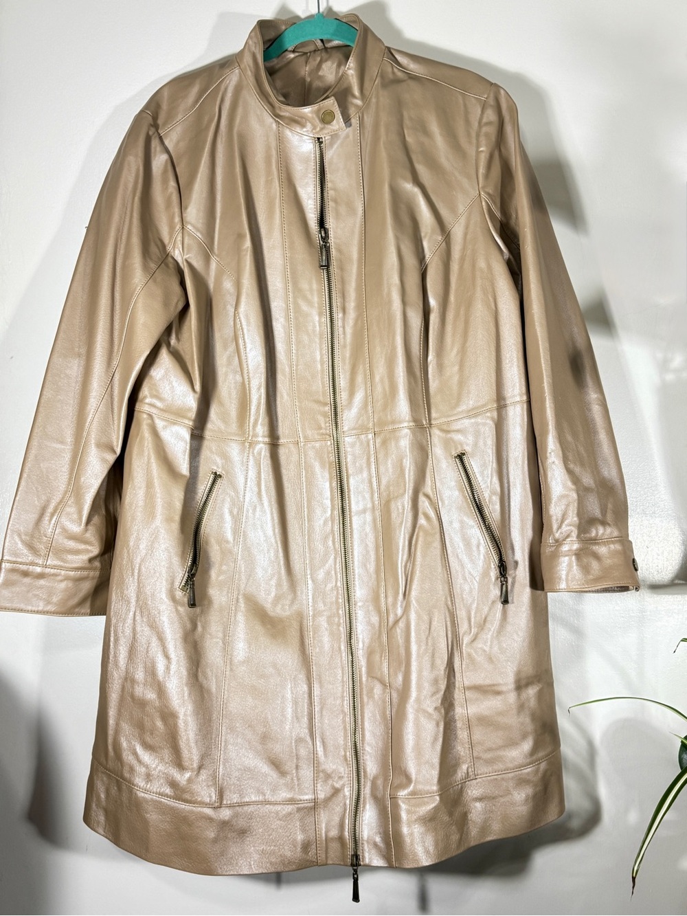 Women’s Taupe Leather Like Zip-Front Coat with Zipper Pockets - Picture 1 of 12